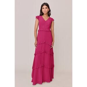Revelry Women’s Formal Dress Pink Maxi Ruffle V-Neck Bridesmaid Prom Gown NWT